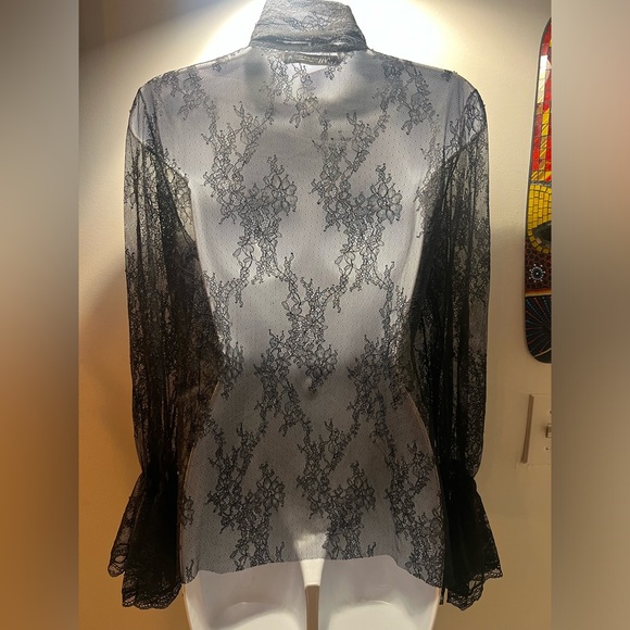 ZARA long sleeve lace shirt with v-neck and long bow tie.  Size MEDIUM - Picture 4 of 8